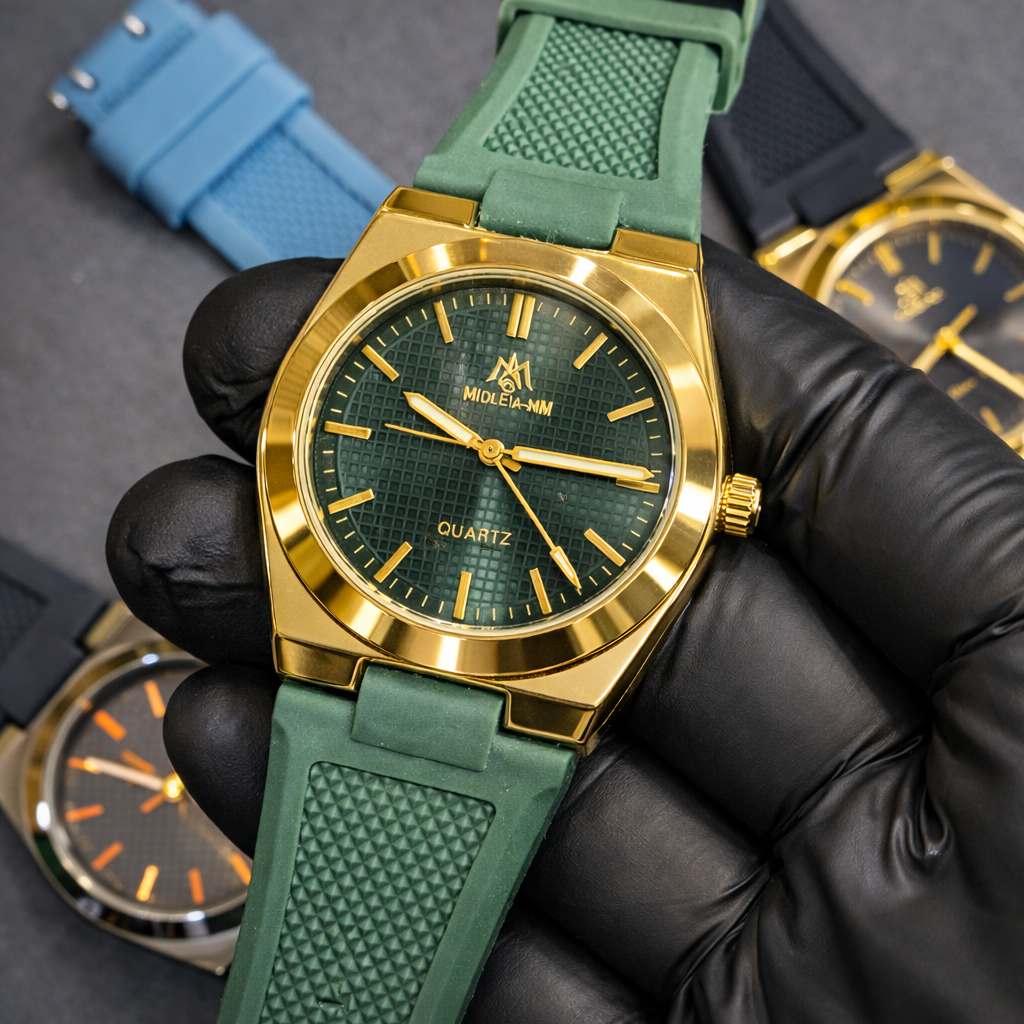 Luxury Green Strap Watch With Golden Shiny Dial – Elegant & Premium Look