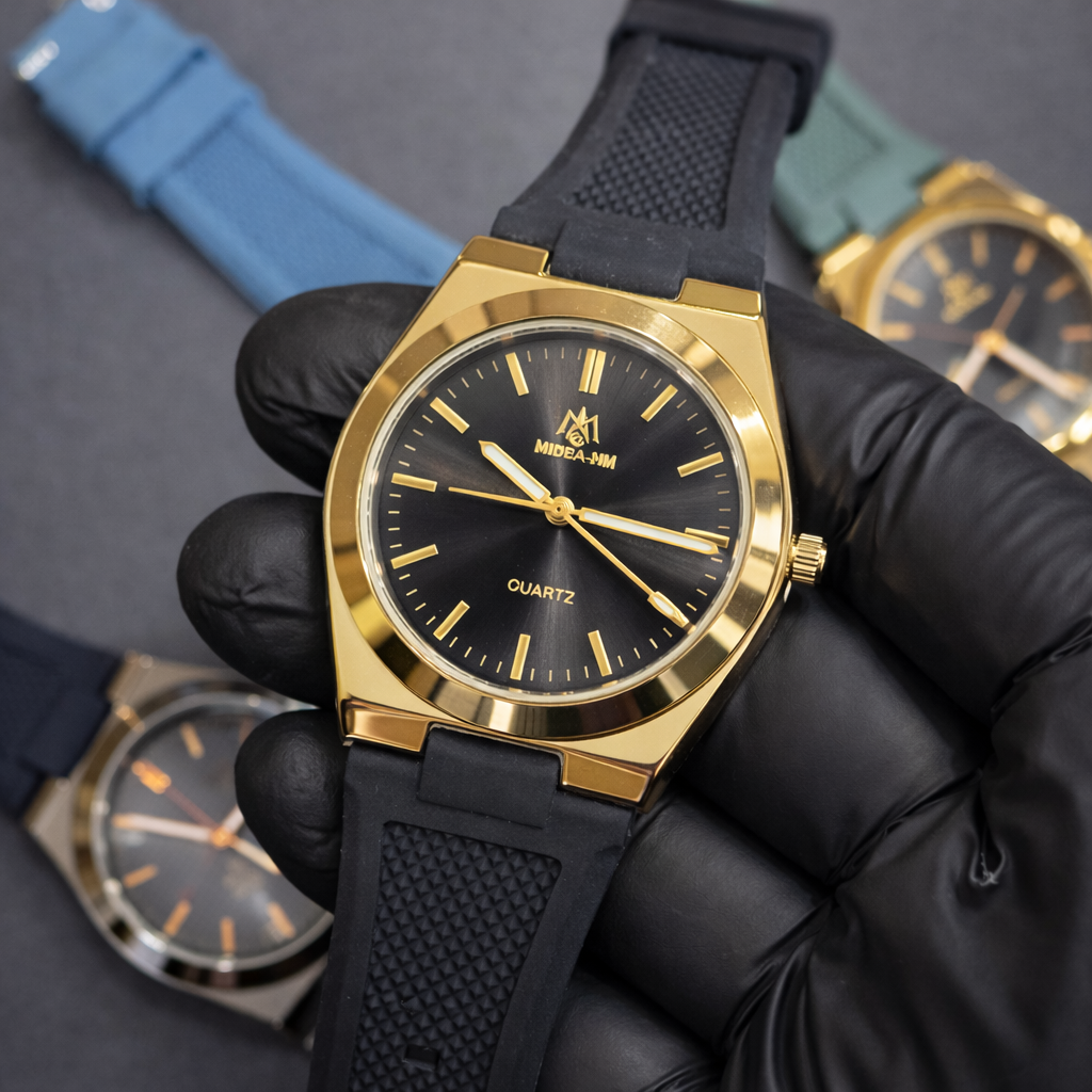 Luxury Black Strap Watch with Golden Shiny Dial – Elegant & Premium Look