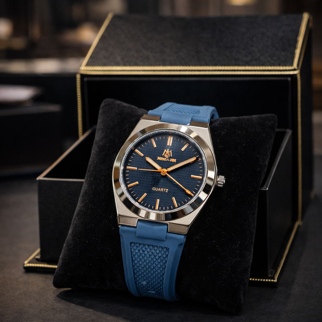 Luxury Blue Strap Watch With Golden Shiny Dial – Elegant & Premium Look