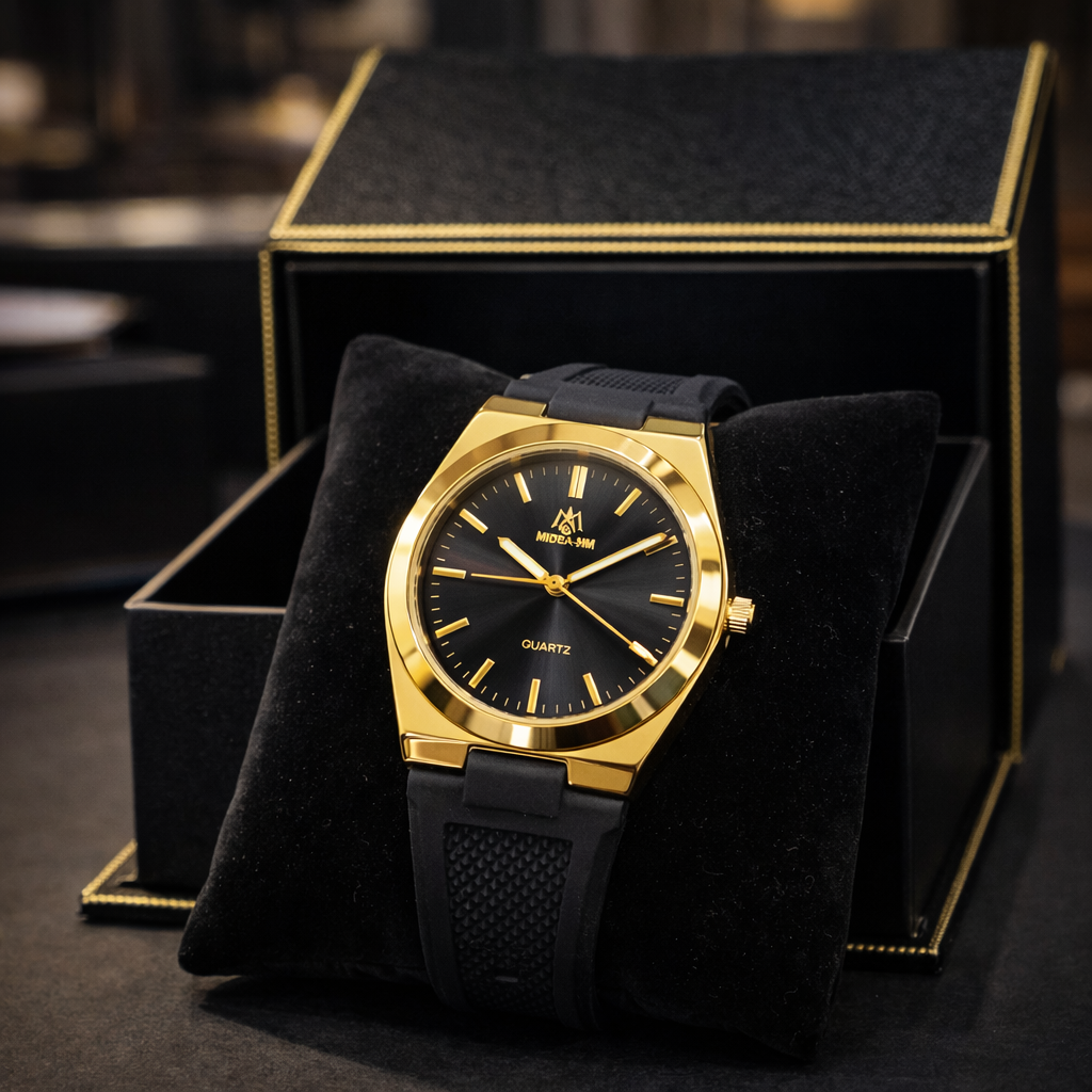 Luxury Black Strap Watch with Golden Shiny Dial – Elegant & Premium Look