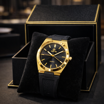 Luxury Black Strap Watch with Golden Shiny Dial – Elegant & Premium Look