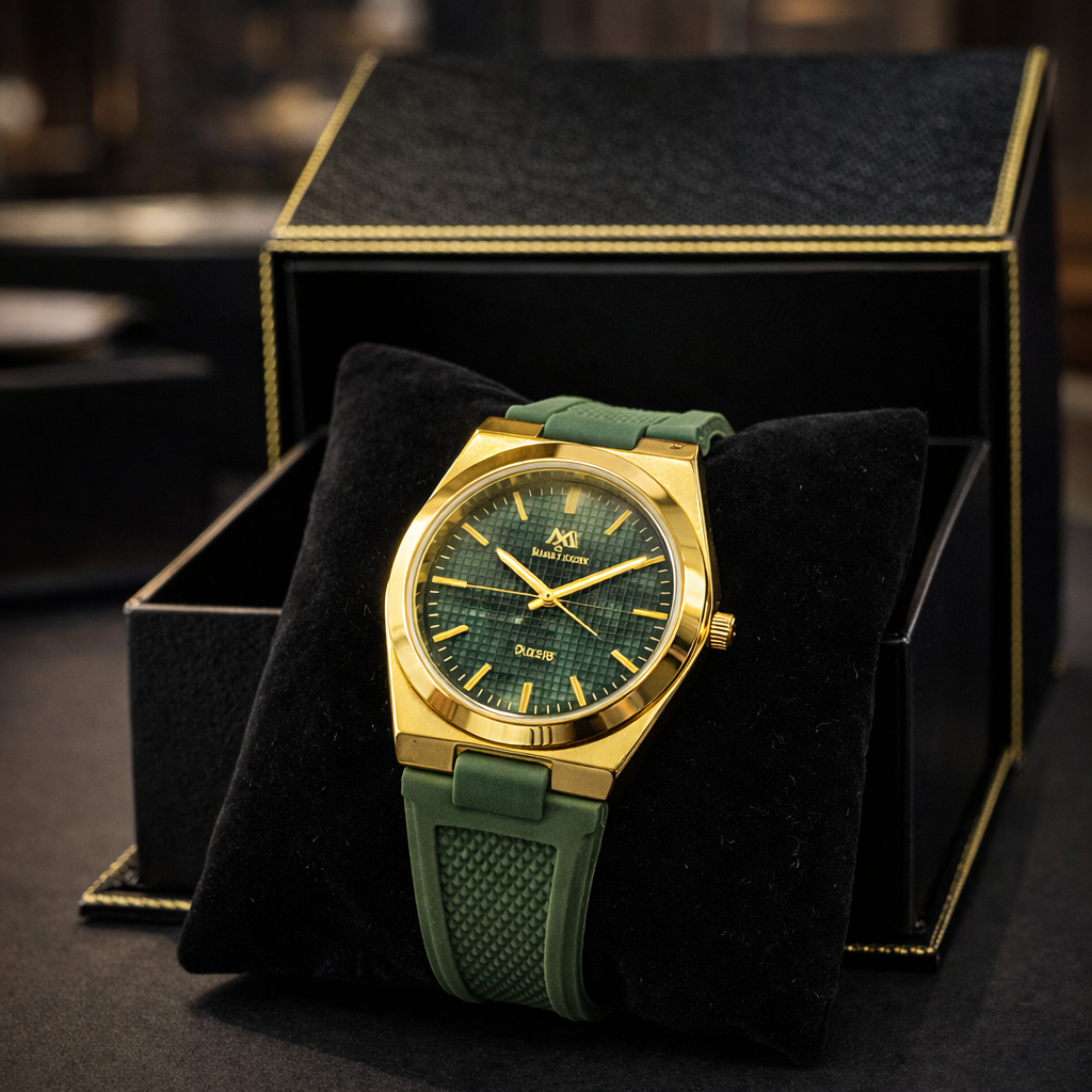 Luxury Green Strap Watch With Golden Shiny Dial – Elegant & Premium Look
